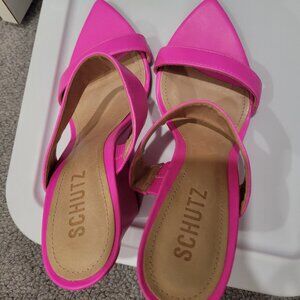 Schultz bright pink wedge slides